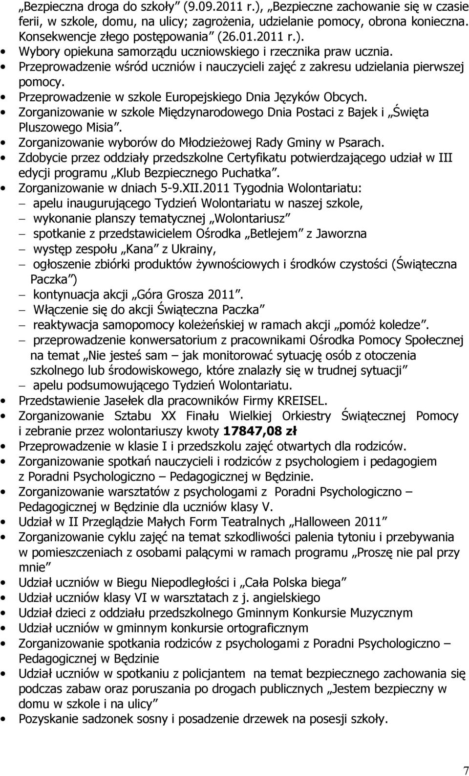 Zorganizowanie w szkole Międzynarodowego Dnia Postaci z Bajek i Święta Pluszowego Misia. Zorganizowanie wyborów do Młodzieżowej Rady Gminy w Psarach.