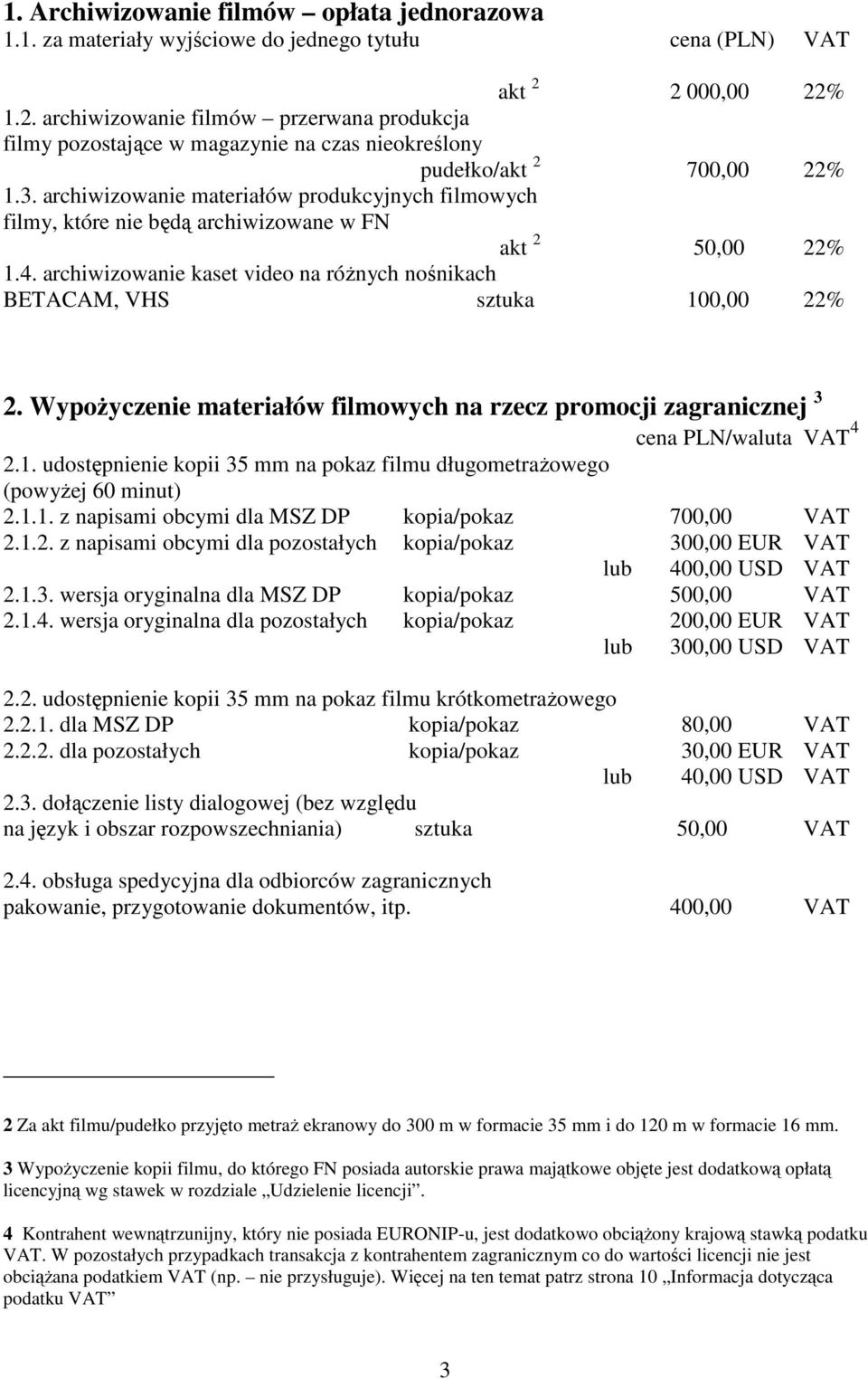 archiwizowanie materiałów produkcyjnych filmowych filmy, które nie będą archiwizowane w FN akt 2 50,00 22% 1.4. archiwizowanie kaset video na różnych nośnikach BETACAM, VHS sztuka 100,00 22% 2.