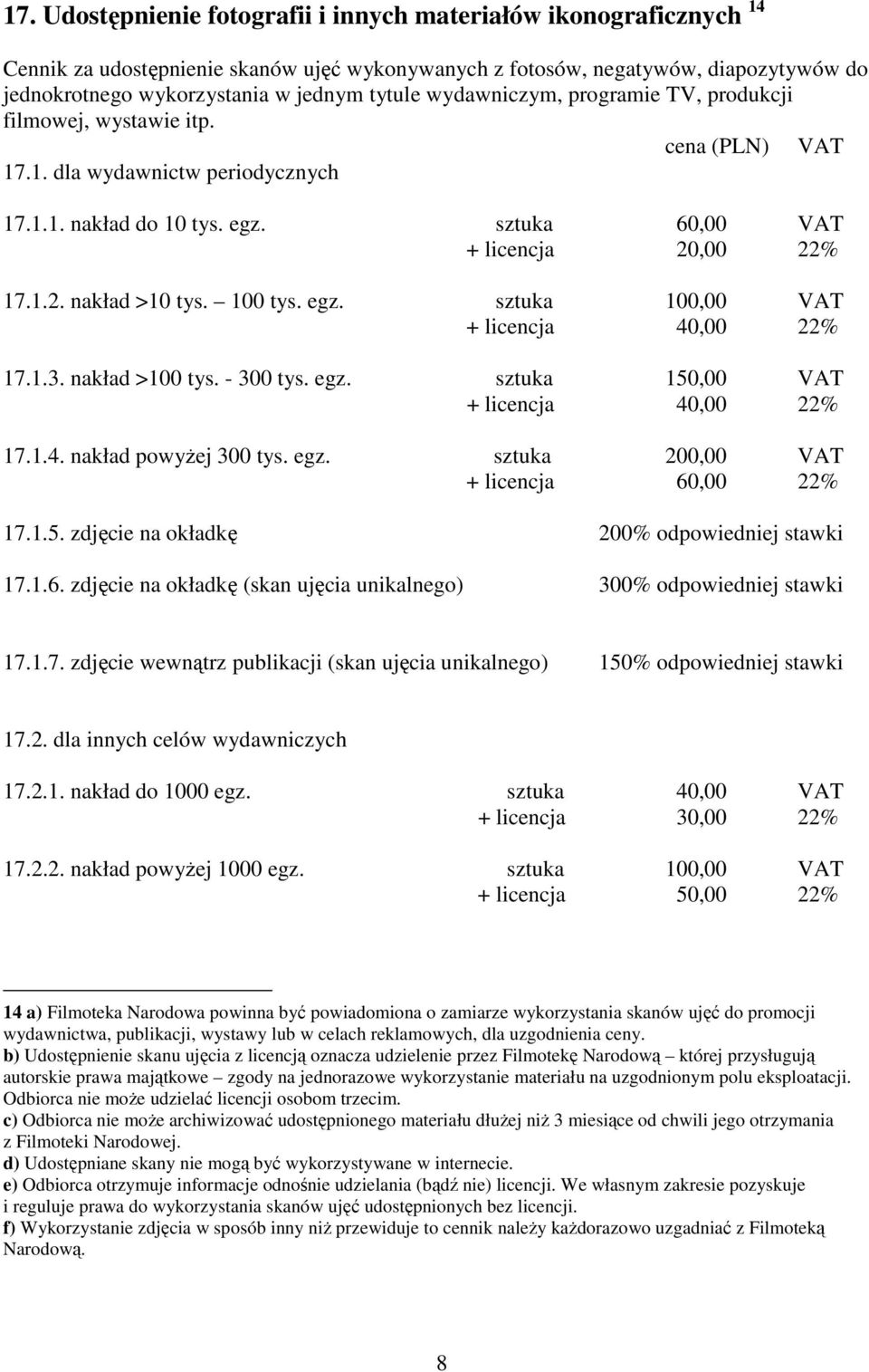 100 tys. egz. sztuka 100,00 VAT + licencja 40,00 22% 17.1.3. nakład >100 tys. - 300 tys. egz. sztuka 150,00 VAT + licencja 40,00 22% 17.1.4. nakład powyżej 300 tys. egz. sztuka 200,00 VAT + licencja 60,00 22% 17.