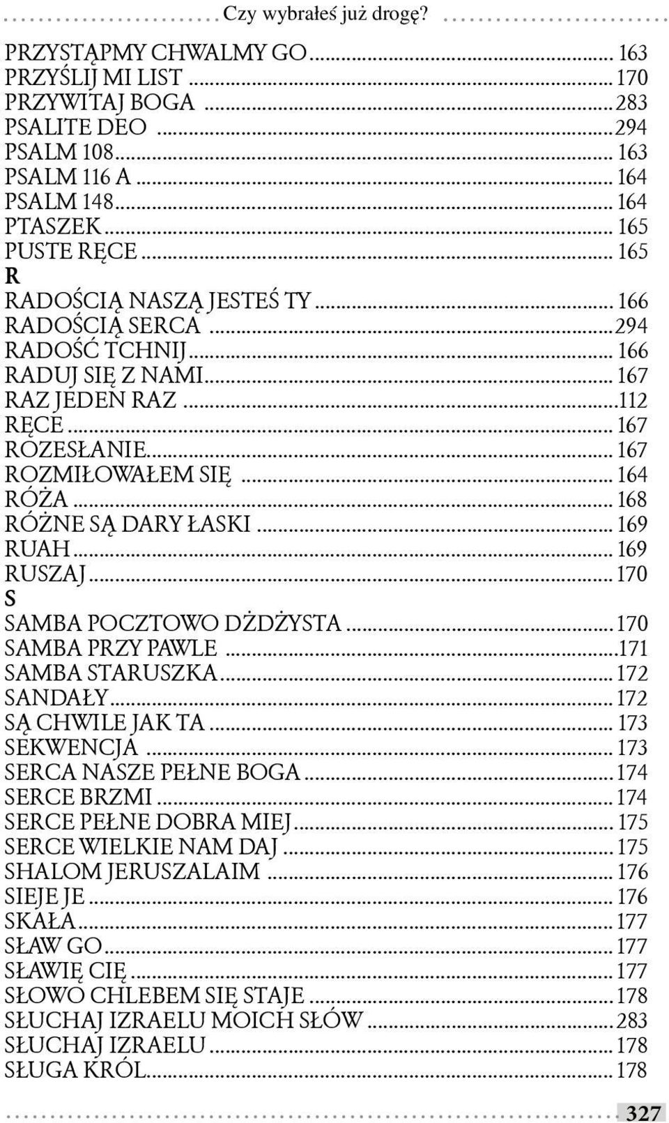 .. 168 RÓŻNE SĄ DARY ŁASKI... 169 RUAH... 169 RUSZAJ... 170 S SAMBA POCZTOWO DŻDŻYSTA... 170 SAMBA PRZY PAWLE...171 SAMBA STARUSZKA... 172 SANDAŁY... 172 SĄ CHWILE JAK TA... 173 SEKWENCJA.