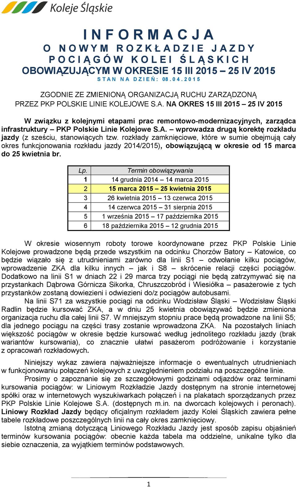 A. wprowadza drugą korektę rozkładu jazdy (z sześciu, stanowiących tzw.