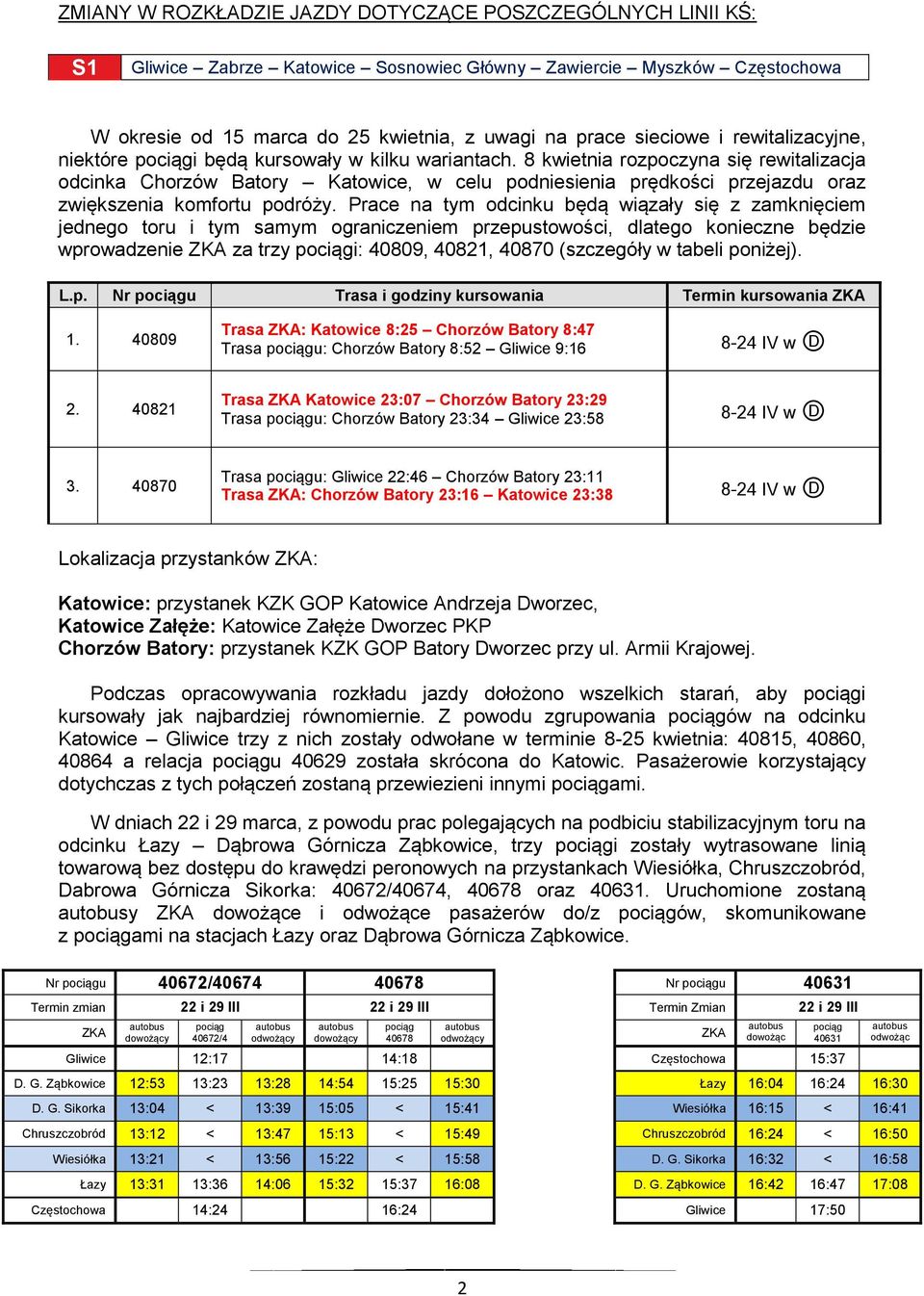 8 kwietnia rozpoczyna się rewitalizacja odcinka Chorzów Batory Katowice, w celu podniesienia prędkości przejazdu oraz zwiększenia komfortu podróży.