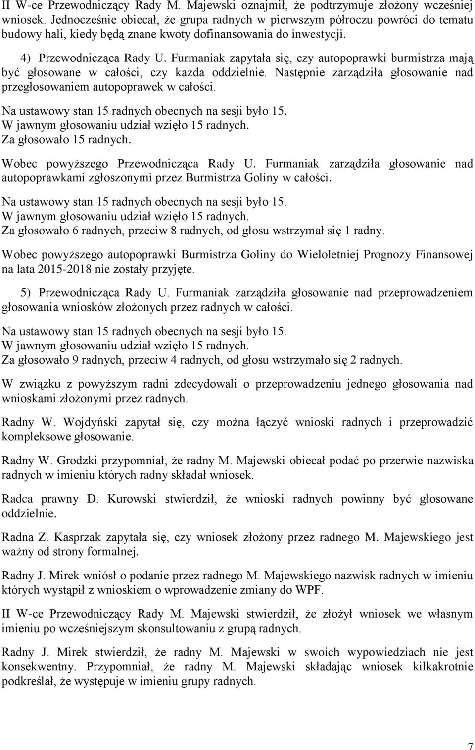 Furmaniak zapytała się, czy autopoprawki burmistrza mają być głosowane w całości, czy każda oddzielnie. Następnie zarządziła głosowanie nad przegłosowaniem autopoprawek w całości.