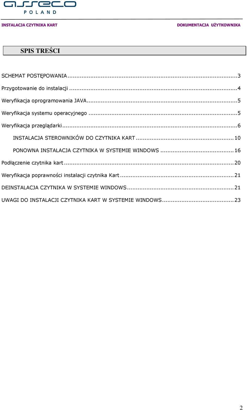 .. 10 PONOWNA INSTALACJA CZYTNIKA W SYSTEMIE WINDOWS... 16 Podłączenie czytnika kart.