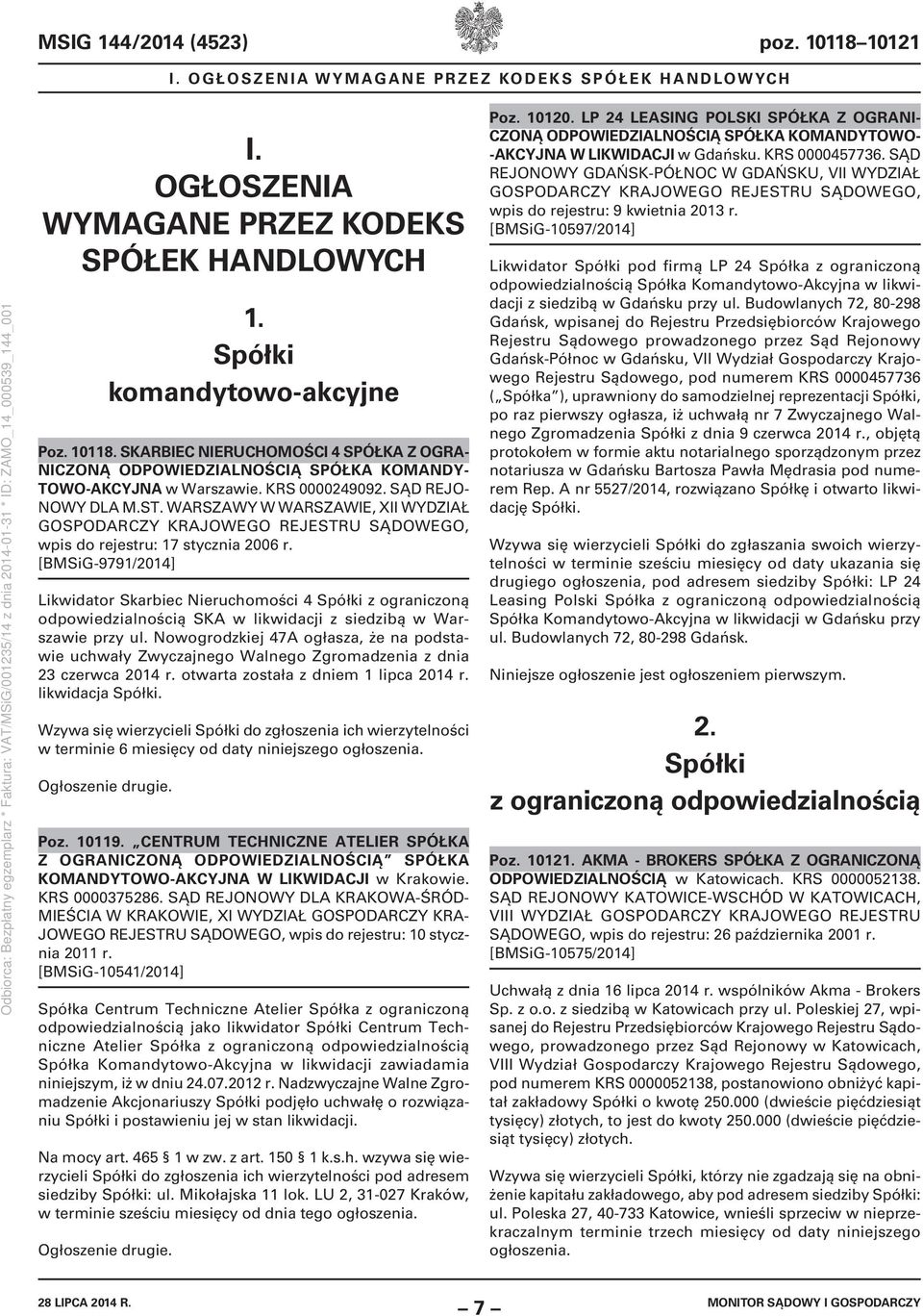 [BMSiG-9791/2014] Likwidator Skarbiec Nieruchomości 4 Spółki z ograniczoną odpowiedzialnością SKA w likwidacji z siedzibą w Warszawie przy ul.