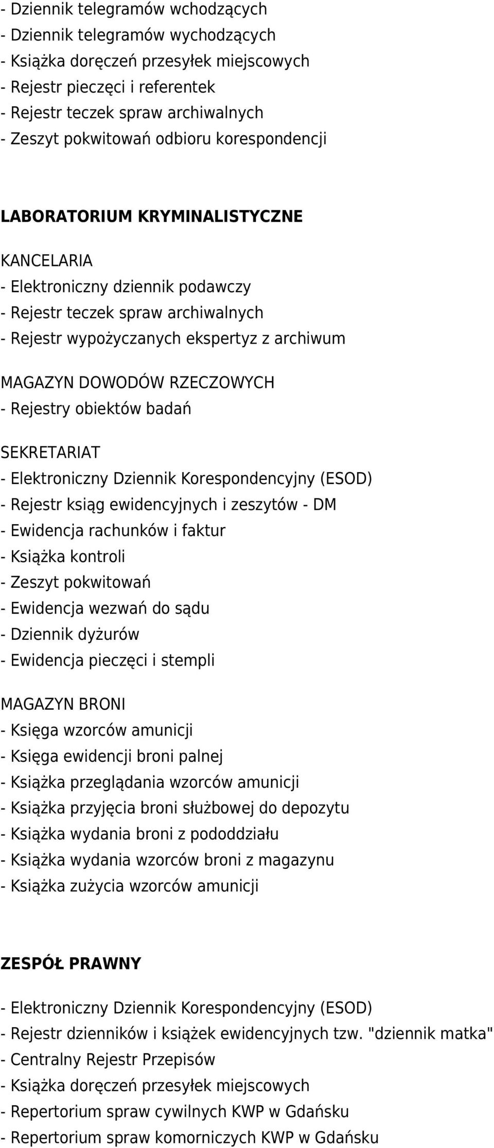 rachunków i faktur - Książka kontroli - Zeszyt pokwitowań - Ewidencja wezwań do sądu - Dziennik dyżurów - Ewidencja pieczęci i stempli MAGAZYN BRONI - Księga wzorców amunicji - Księga ewidencji broni