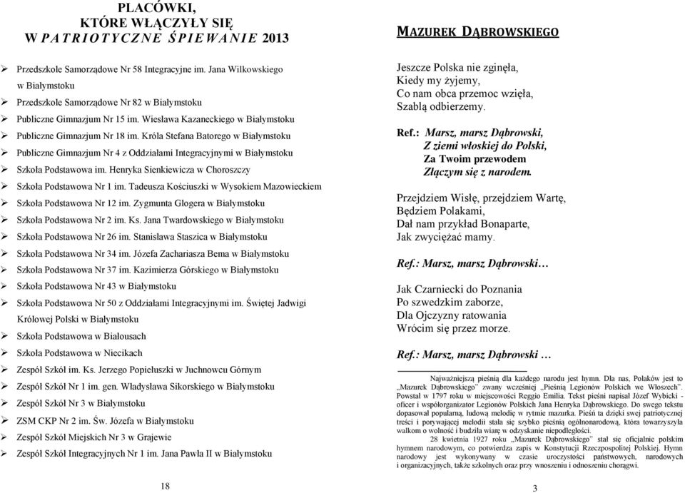 Króla Stefana Batorego w Białymstoku Publiczne Gimnazjum Nr 4 z Oddziałami Integracyjnymi w Białymstoku Szkoła Podstawowa im. Henryka Sienkiewicza w Choroszczy Szkoła Podstawowa Nr 1 im.