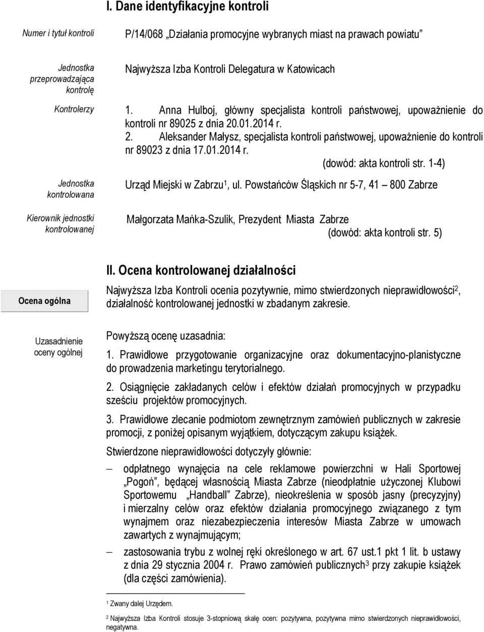 .01.2014 r. 2. Aleksander Małysz, specjalista kontroli państwowej, upoważnienie do kontroli nr 89023 z dnia 17.01.2014 r. (dowód: akta kontroli str.