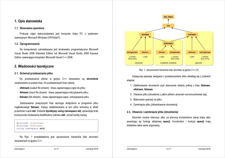 Microsoft Visual C++ 2008. 2. Wiadomości teoretyczne 2.1. Schemat przetwarzania pliku Do przetwarzania plików w języku C++ stosowane są strumienie zrealizowane w postaci klas.