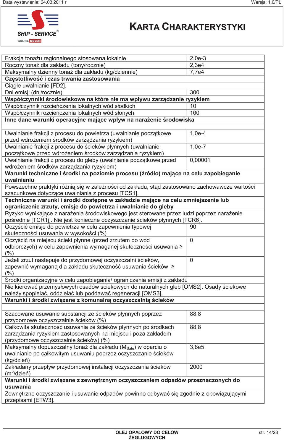 Dni emisji (dni/rocznie) 300 Współczynniki środowiskowe na które nie ma wpływu zarządzanie ryzykiem Współczynnik rozcieńczenia lokalnych wód słodkich 10 Współczynnik rozcieńczenia lokalnych wód