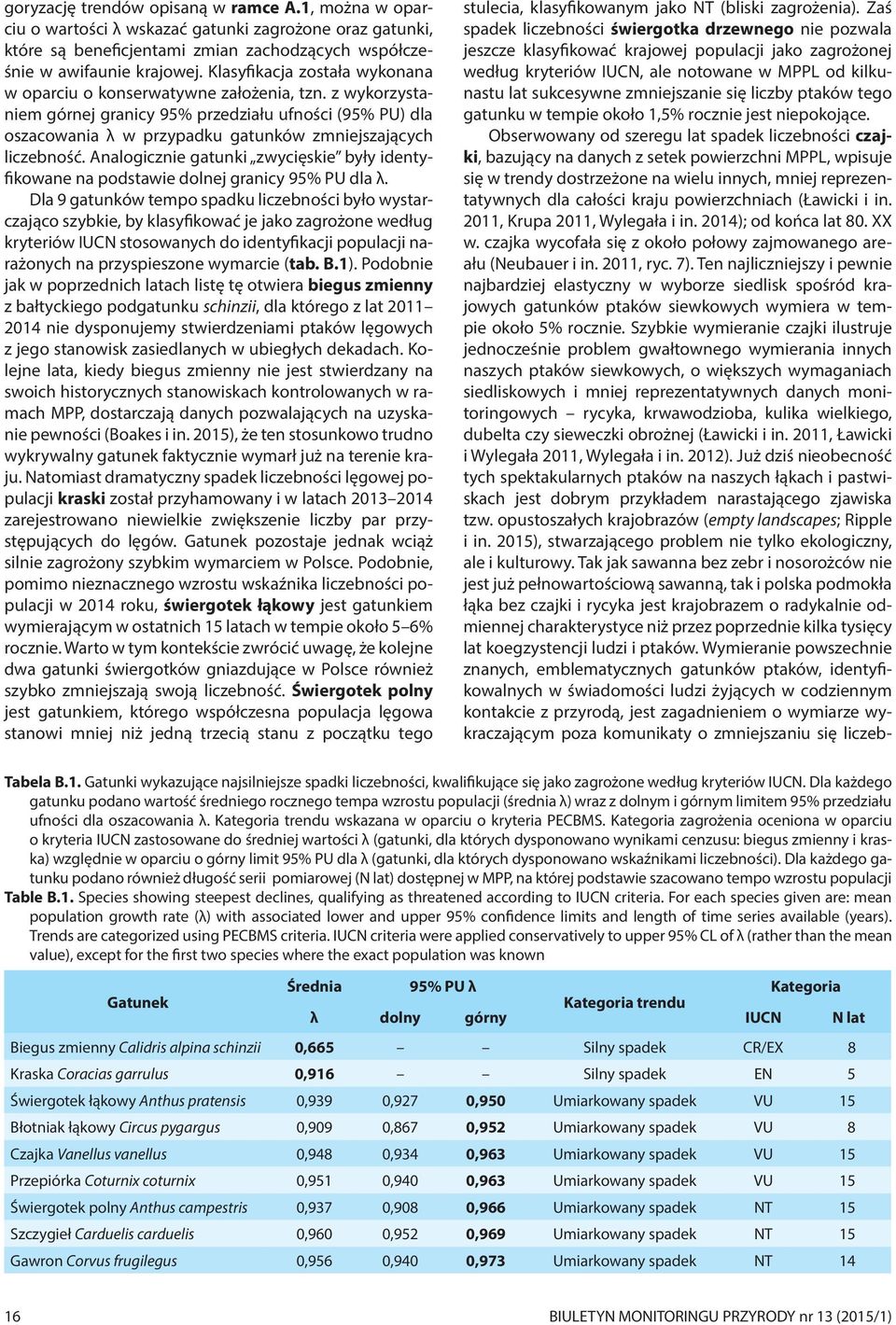 z wykorzystaniem górnej granicy 95% przedziału ufności (95% PU) dla oszacowania λ w przypadku gatunków zmniejszających liczebność.
