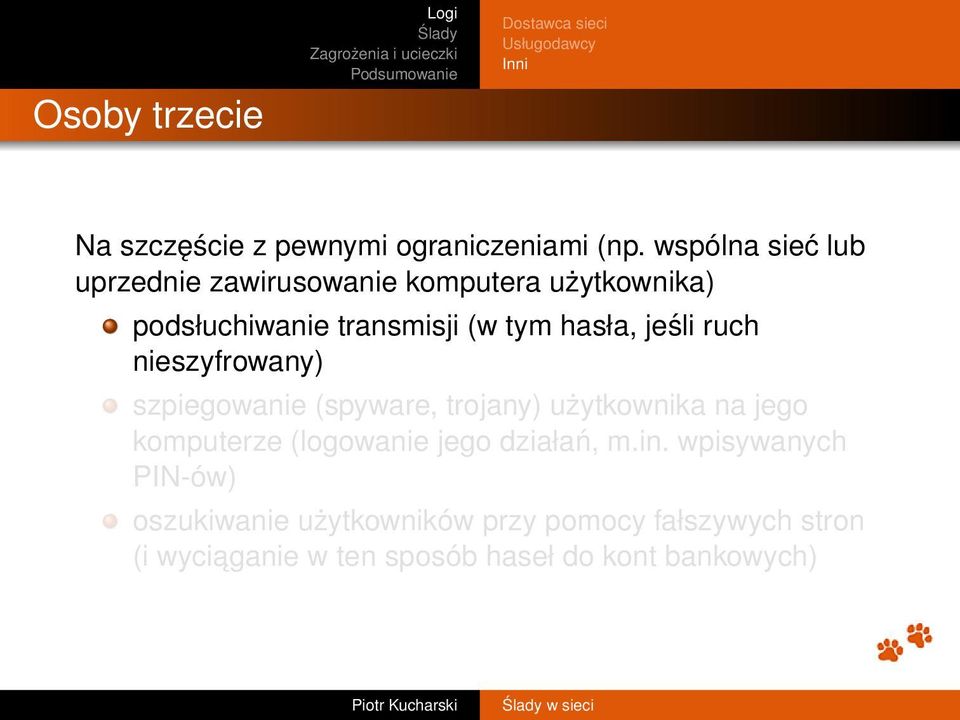 ruch nieszyfrowany) szpiegowanie (spyware, trojany) użytkownika na jego komputerze (logowanie jego działań, m.