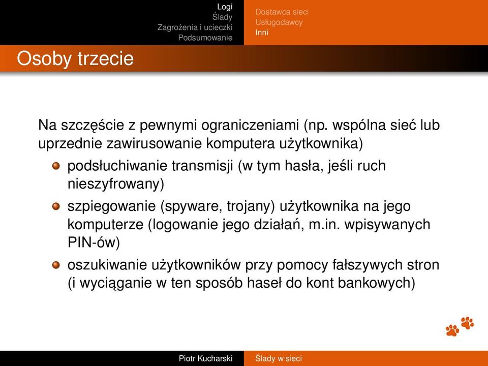 ruch nieszyfrowany) szpiegowanie (spyware, trojany) użytkownika na jego komputerze (logowanie jego działań, m.