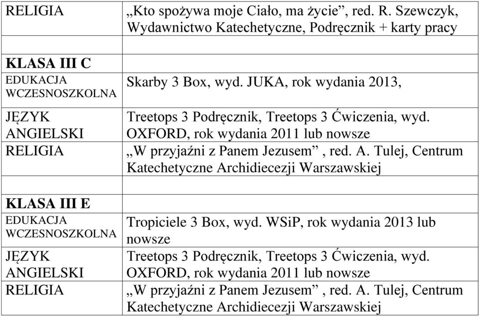 OXFORD, rok wydania 2011 lub nowsze W przyjaźni z Panem Jezusem, red. A. Tulej, Centrum Katechetyczne Archidiecezji Warszawskiej Tropiciele 3 Box, wyd.