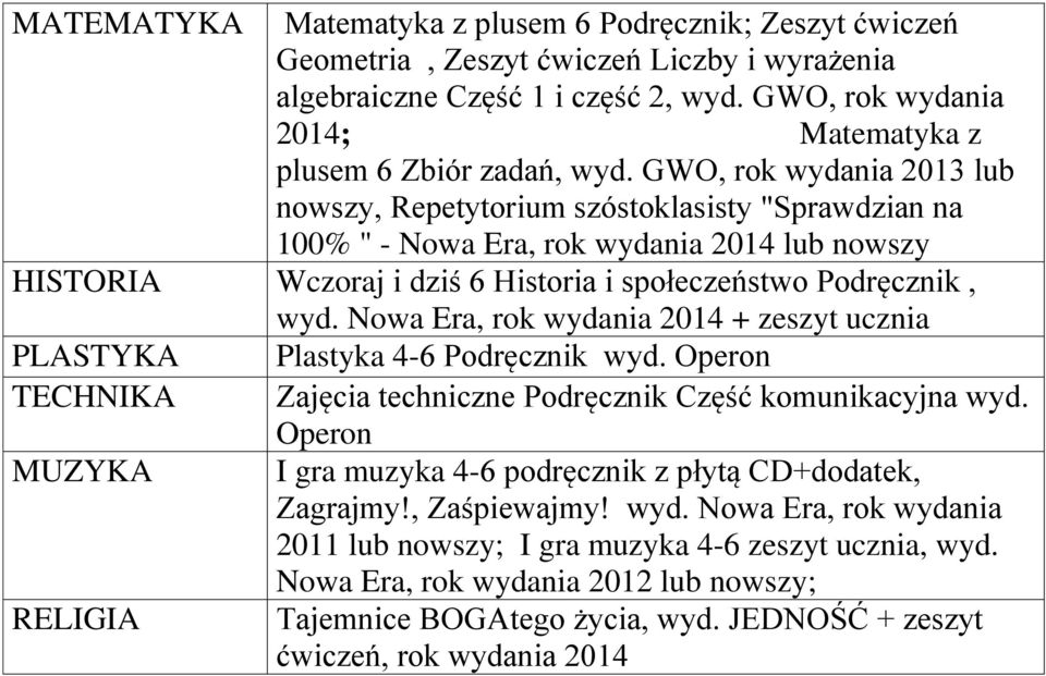 GWO, rok wydania 2013 lub nowszy, Repetytorium szóstoklasisty "Sprawdzian na 100% " - Nowa Era, rok wydania 2014 lub nowszy HISTORIA Wczoraj i dziś 6 Historia i społeczeństwo Podręcznik, wyd.