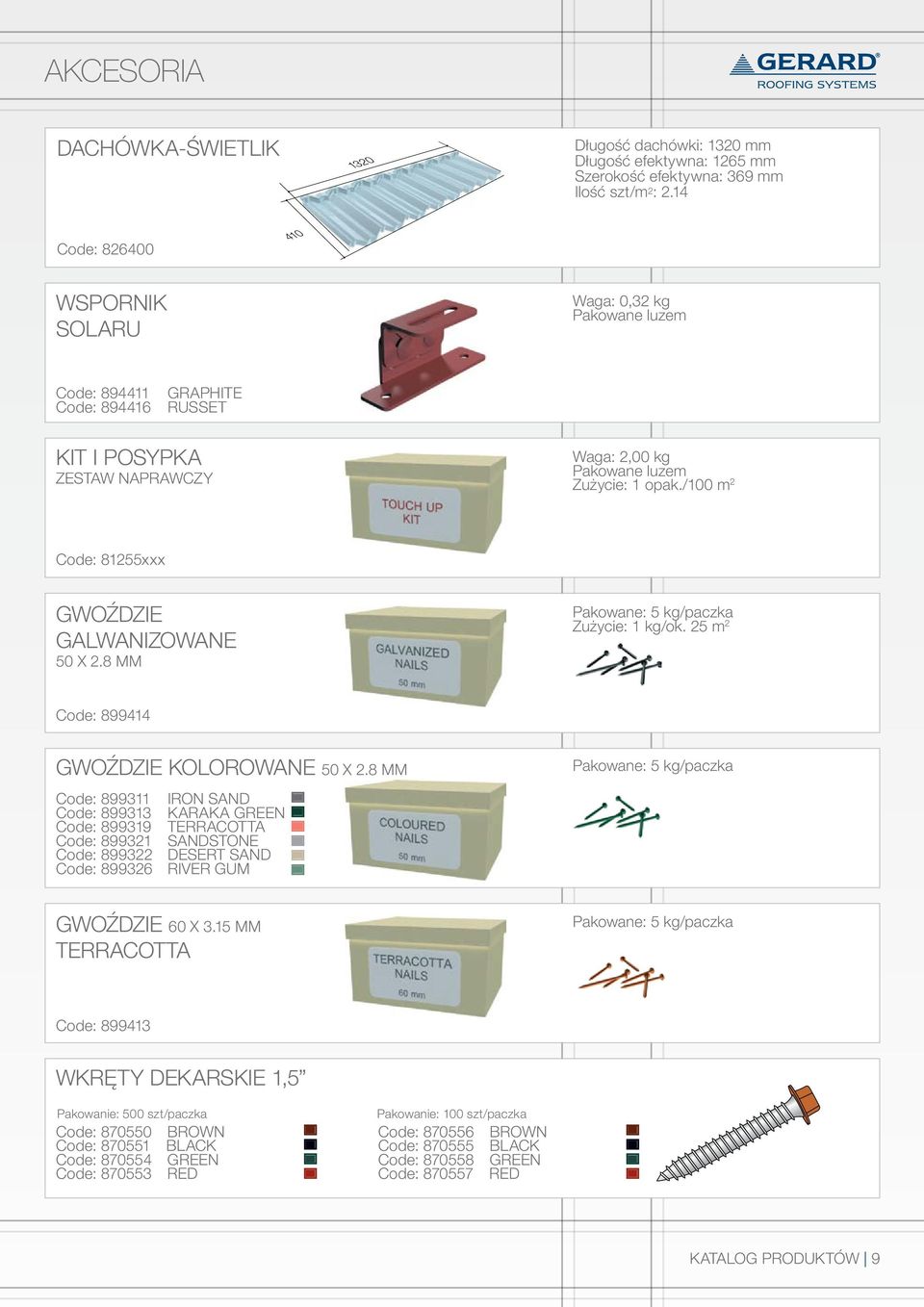 /100 m 2 Code: 81255xxx GWOŹDZIE GALWANIZOWANE 50 x 2.8 mm Pakowane: 5 kg/paczka Zużycie: 1 kg/ok. 25 m 2 Code: 899414 GWOŹDZIE KOLOROWANE 50 x 2.
