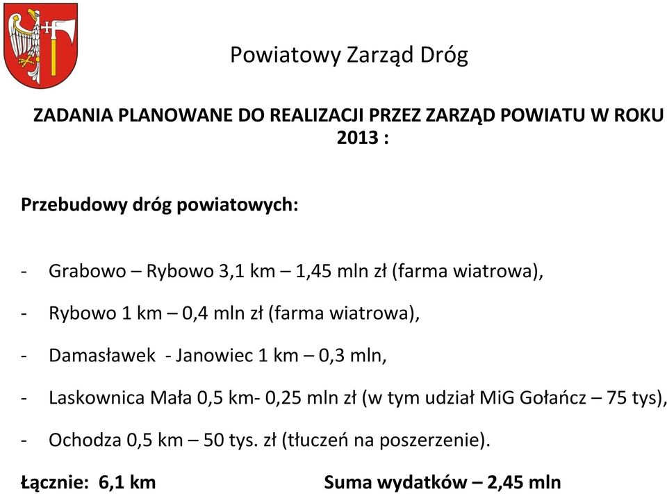 wiatrowa), - Damasławek -Janowiec 1 km 0,3 mln, - Laskownica Mała 0,5 km-0,25 mln zł(w tym udziałmig