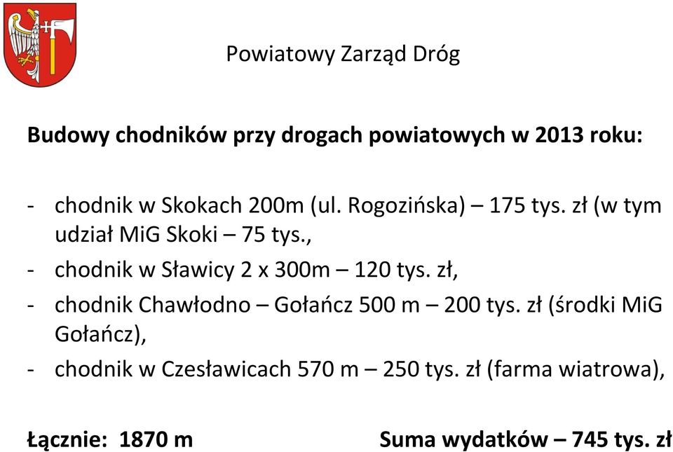 , - chodnik w Sławicy 2 x 300m 120 tys. zł, - chodnik Chawłodno Gołańcz 500 m 200 tys.