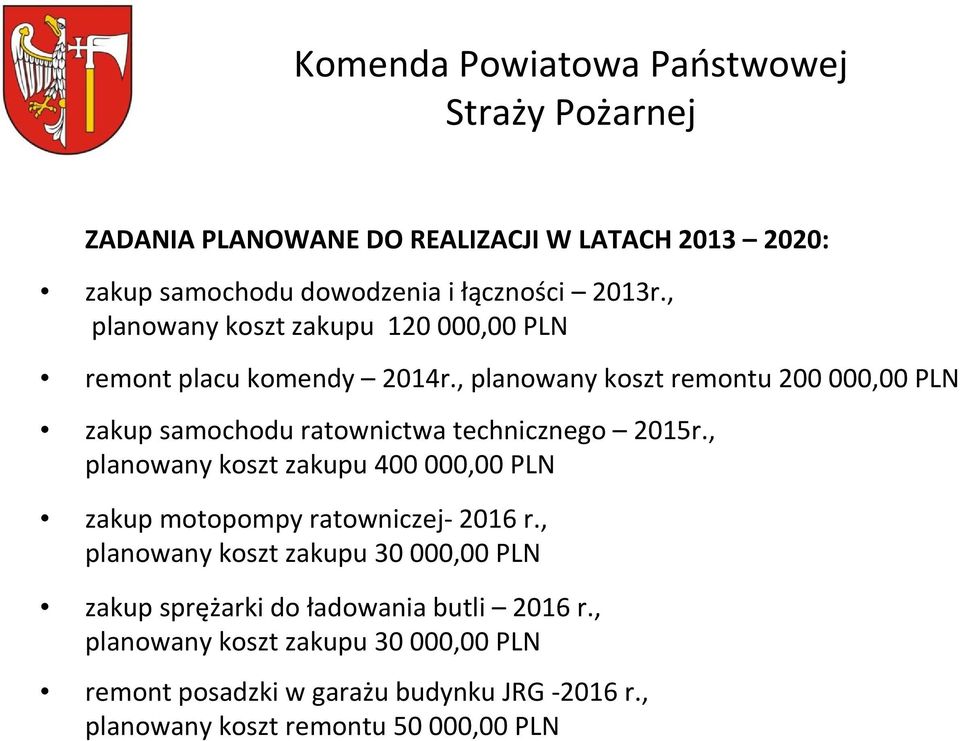 , planowany koszt remontu 200 000,00 PLN zakup samochodu ratownictwa technicznego 2015r.