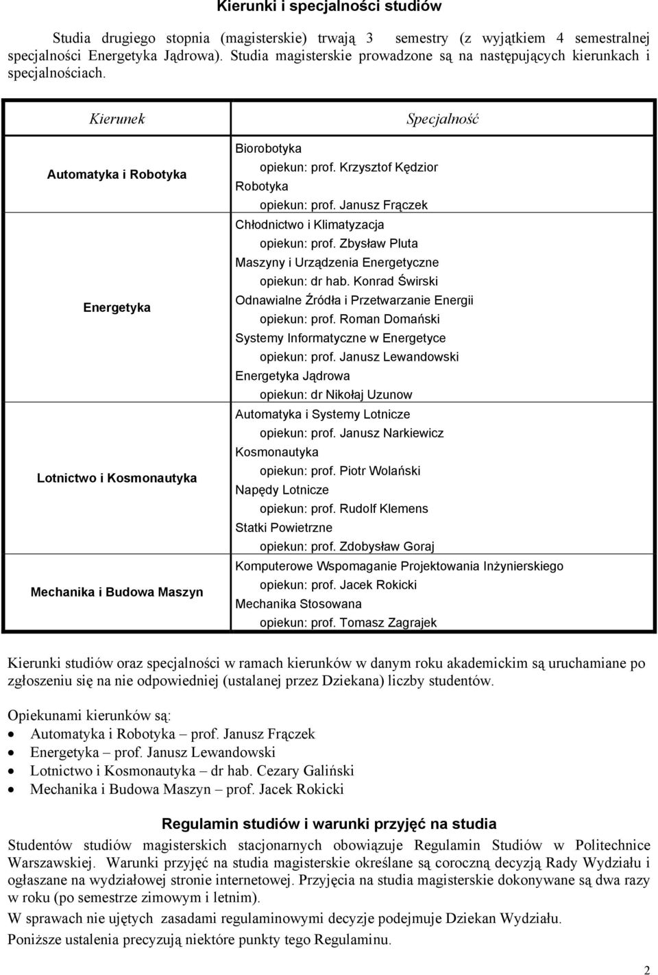 Kierunek Automatyka i Robotyka Energetyka Lotnictwo i Kosmonautyka Mechanika i Budowa Maszyn Specjalność Biorobotyka opiekun: prof. Krzysztof Kędzior Robotyka opiekun: prof.