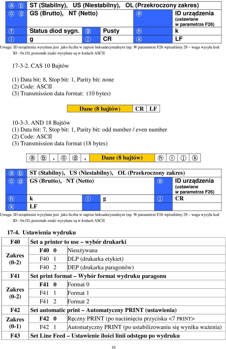 W parametrze F26 wpisaliśmy 29 waga wysyła kod ID - 0x1D, pozostałe znaki wysyłane są w kodach ASCII 17-3-2.