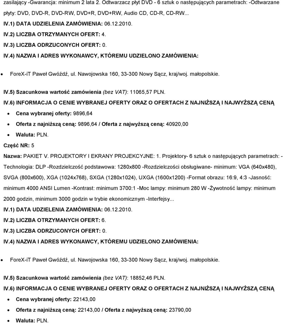 Cena wybranej oferty: 9896,64 Oferta z najniŝszą ceną: 9896,64 / Oferta z najwyŝszą ceną: 40920,00 Część NR: 5 Nazwa: PAKIET V. PROJEKTORY I EKRANY PROJEKCYJNE: 1.