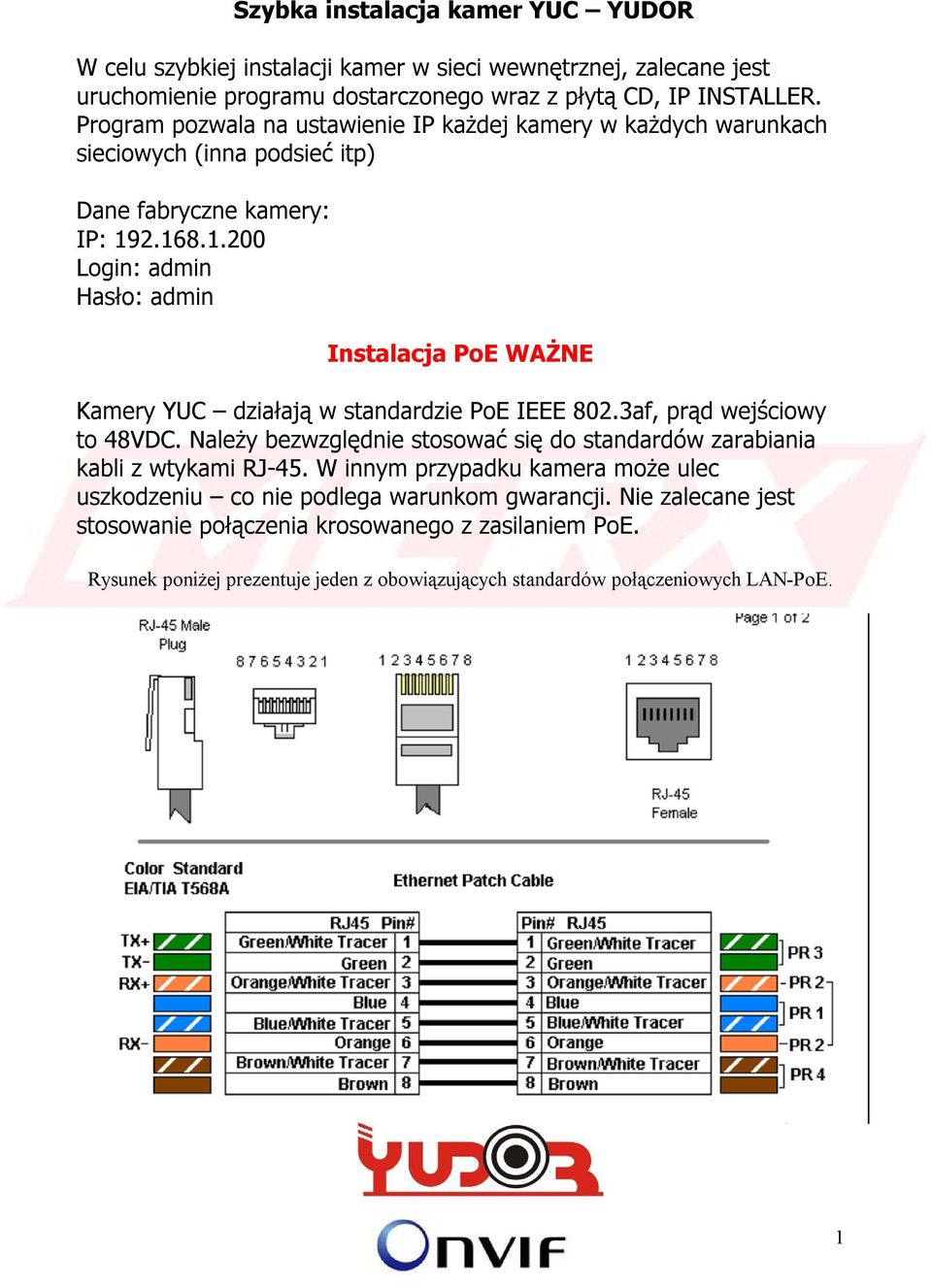 2.168.1.200 Login: admin Hasło: admin Instalacja PoE WAŻNE Kamery YUC działają w standardzie PoE IEEE 802.3af, prąd wejściowy to 48VDC.