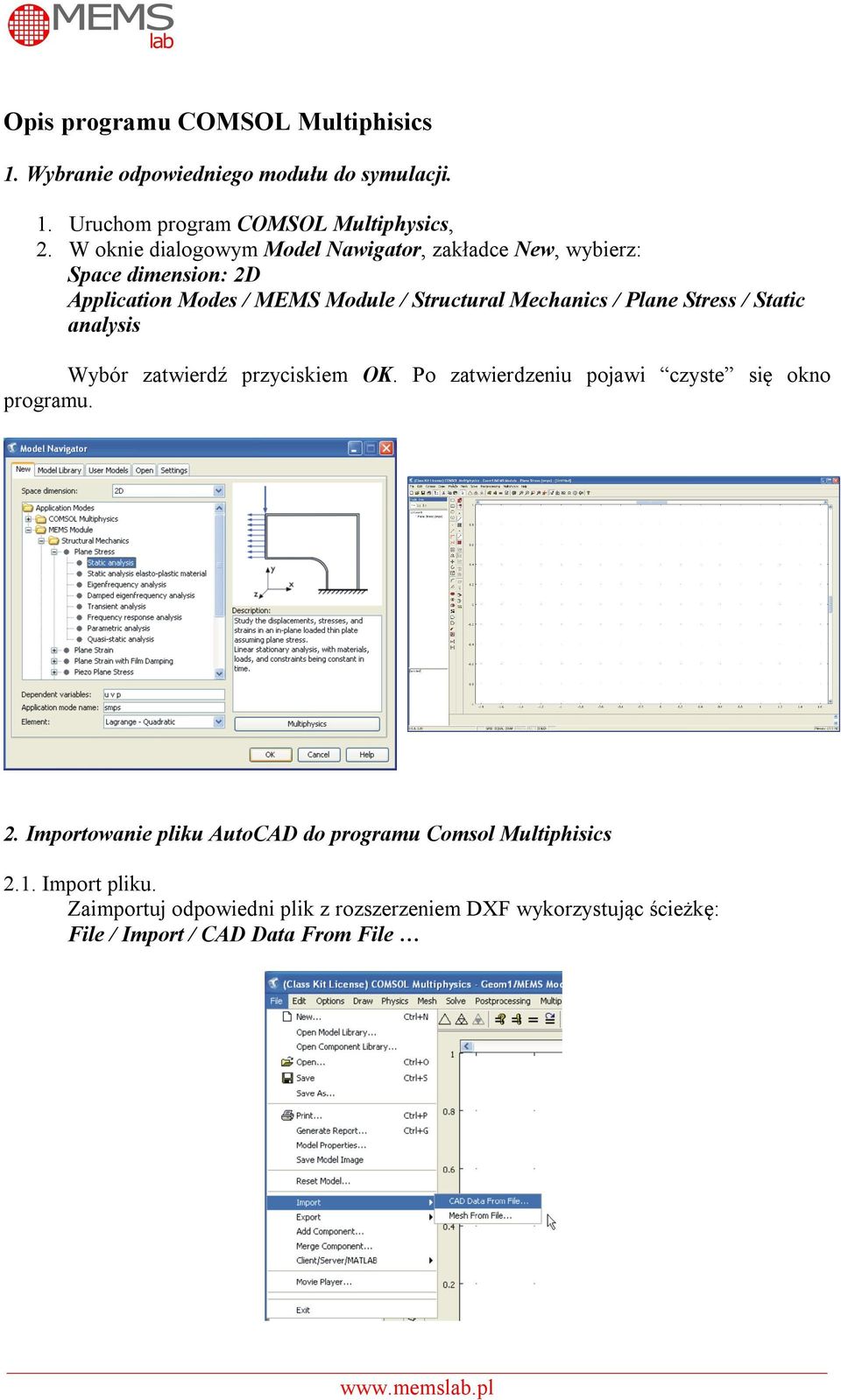 Plane Stress / Static analysis Wybór zatwierdź przyciskiem OK. Po zatwierdzeniu pojawi czyste się okno programu. 2.