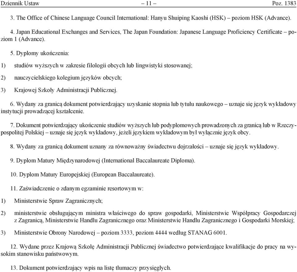 Dyplomy ukończenia: 1) studiów wyższych w zakresie filologii obcych lub lingwistyki stosowanej; 2) nauczycielskiego kolegium języków obcych; 3) Krajowej Szkoły Administracji Publicznej. 6.