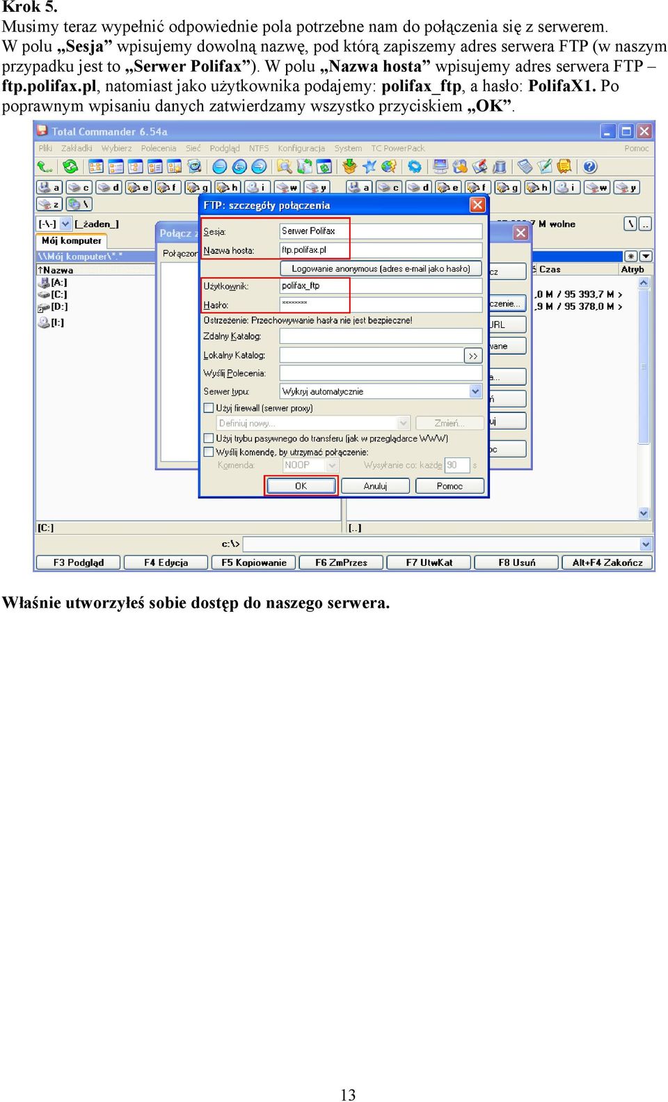 Polifax ). W polu Nazwa hosta wpisujemy adres serwera FTP ftp.polifax.