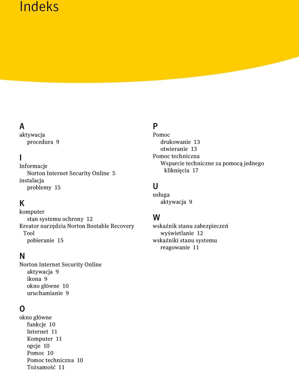 drukowanie 13 otwieranie 13 Pomoc techniczna Wsparcie techniczne za pomocą jednego kliknięcia 17 U usługa aktywacja 9 W wskaźnik stanu zabezpieczeń