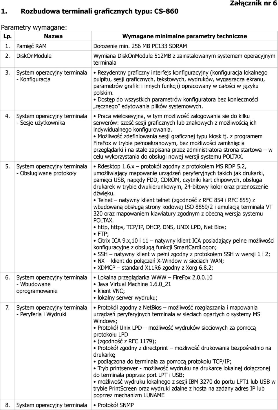 System operacyjny terminala - Obsługiwane protokoły 6. System operacyjny terminala - Wbudowane oprogramowanie 7. System operacyjny terminala - Peryferia i Wydruki 8.