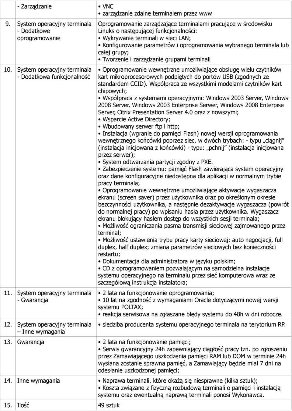 System operacyjny terminala Inne wymagania Oprogramowanie zarządzające terminalami pracujące w środowisku Linuks o następującej funkcjonalności: Wykrywanie terminali w sieci LAN; Konfigurowanie