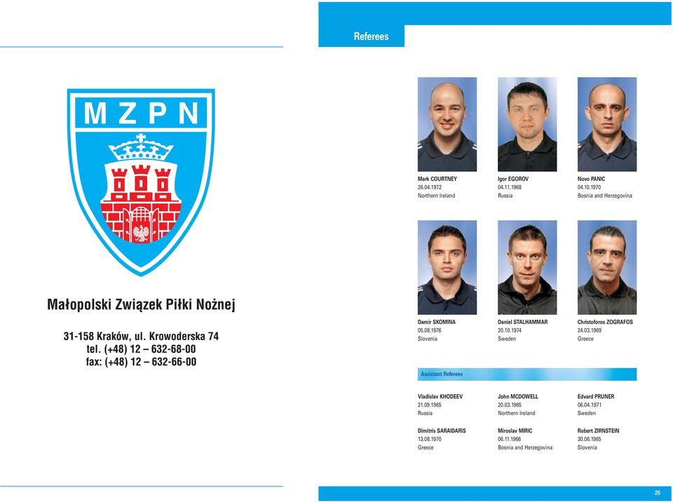 03.1969 Greece Assistant Referees Vladislav KHODEEV 21.09.1965 Russia John MCDOWELL 20.03.1965 Northern Ireland Edvard PRUNER 06.