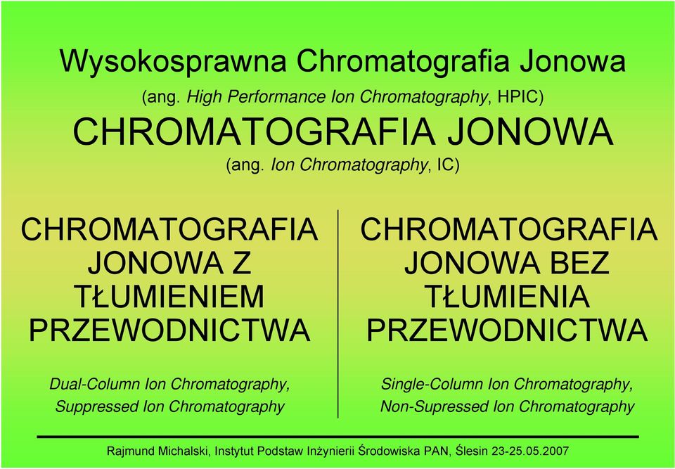Ion Chromatography, IC) CHROMATOGRAFIA JONOWA Z TŁUMIENIEM PRZEWODNICTWA CHROMATOGRAFIA