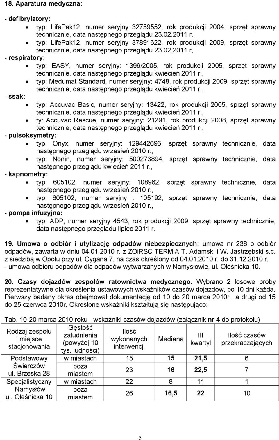 2011 r, - respiratory: typ: EASY, numer seryjny: 1399/2005, rok produkcji 2005, sprzęt sprawny typ: Medumat Standard, numer seryjny: 4748, rok produkcji 2009, sprzęt sprawny - ssak: typ: Accuvac