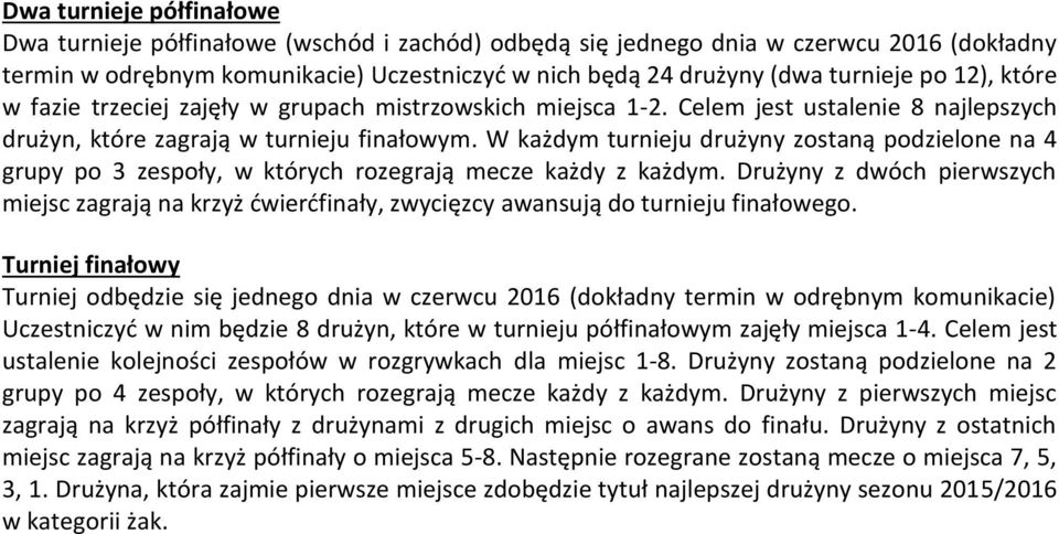 W każdym turnieju drużyny zostaną podzielone na 4 grupy po 3 zespoły, w których rozegrają mecze każdy z każdym.