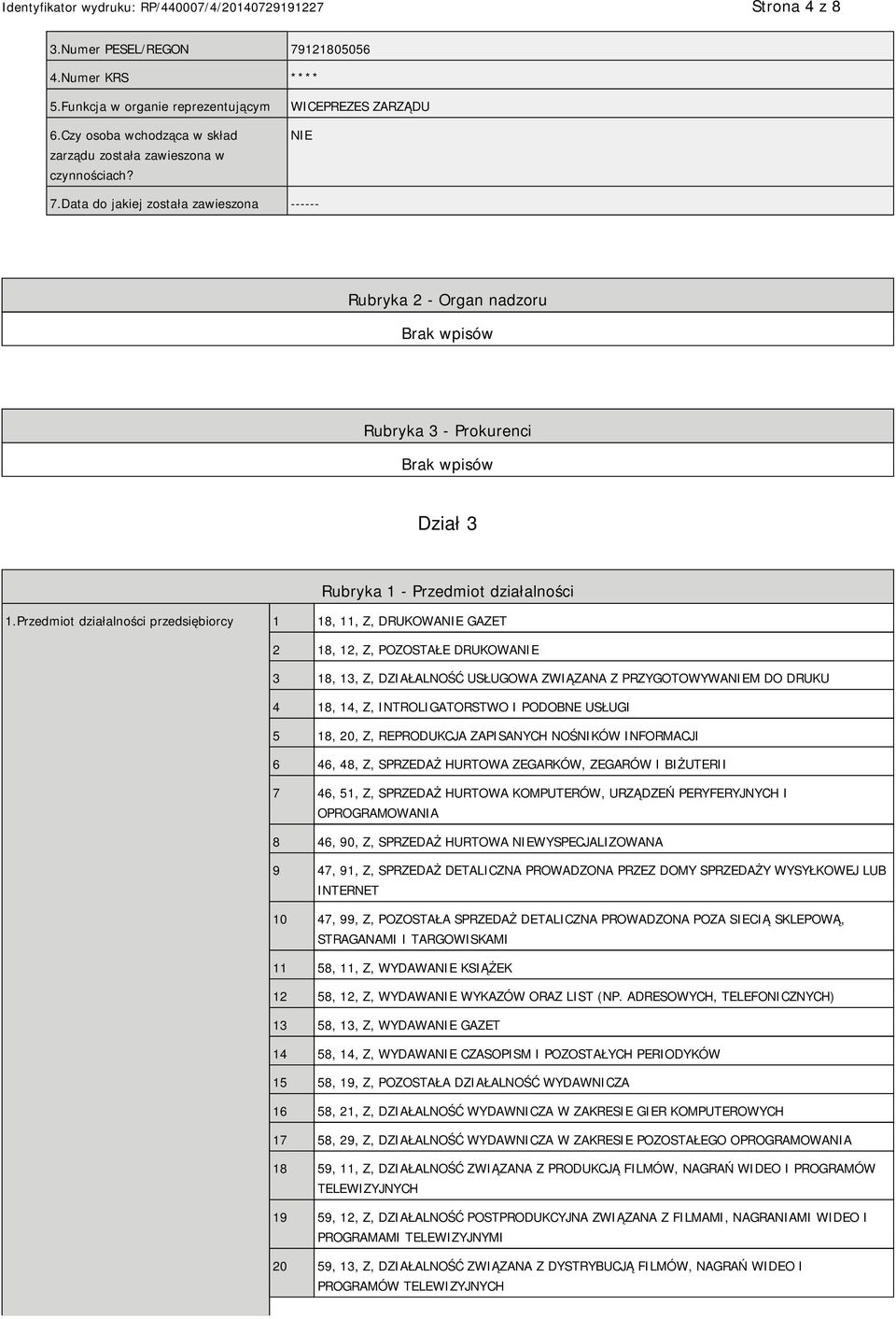 Przedmiot działalności przedsiębiorcy 1 18, 11, Z, DRUKOWA GAZET 2 18, 12, Z, POZOSTAŁE DRUKOWA 3 18, 13, Z, DZIAŁALNOŚĆ USŁUGOWA ZWIĄZANA Z PRZYGOTOWYWAM DO DRUKU 4 18, 14, Z, INTROLIGATORSTWO I