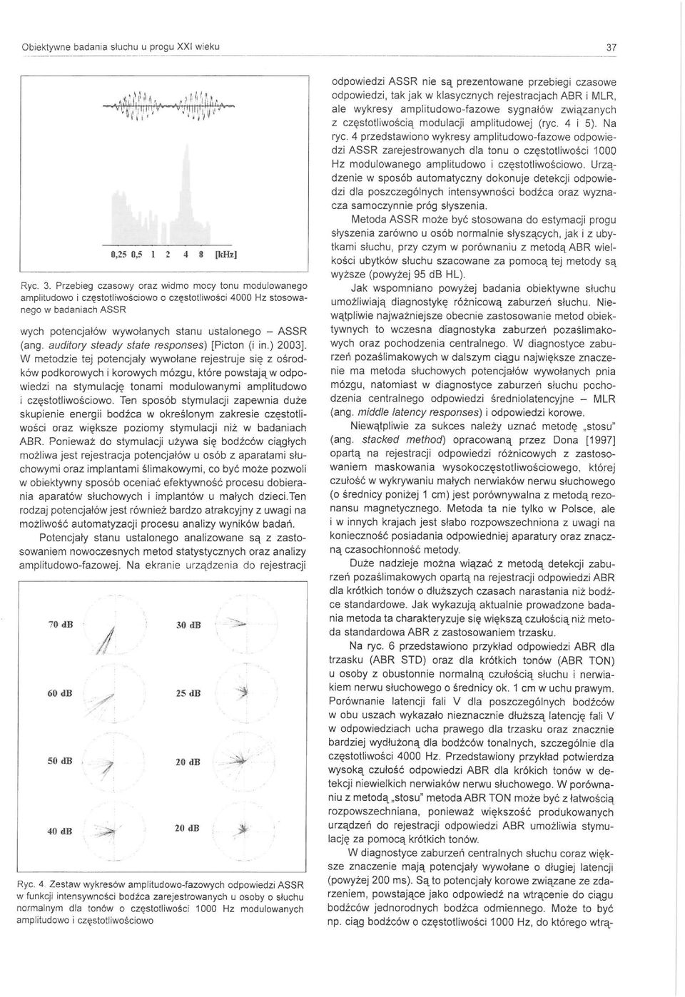 Przebieg czasowy oraz widmo mocy tonu modulowanego amplitudowo i częstotliwościowo o często tliwości 4000 Hz stosowa nego w badaniach ASSR wych potencjalów wywalanych stanu ustalonego - ASSR (ang.