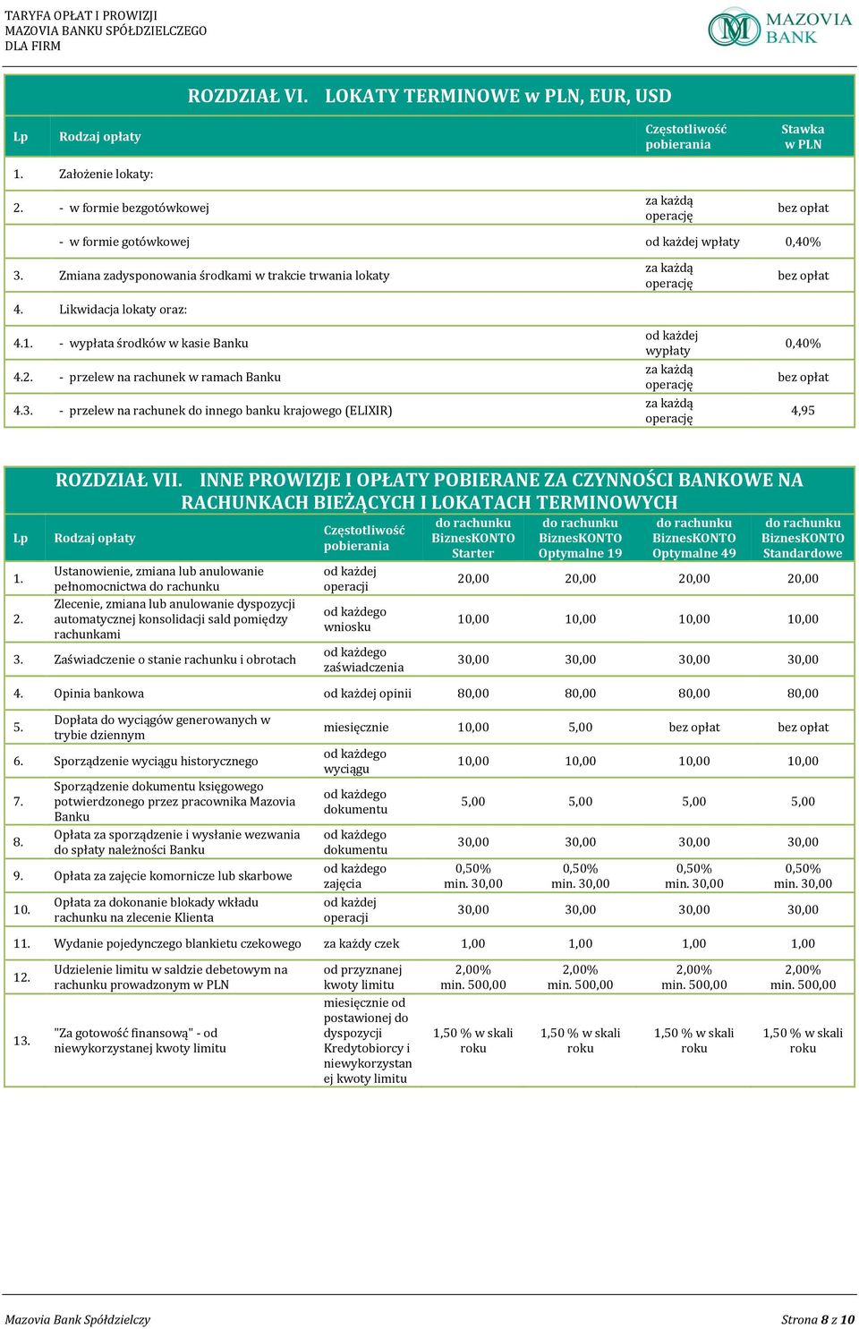 - przelew na rachunek do innego banku krajowego (ELIXIR) operację wypłaty operację operację 4,95 1. 2. ROZDZIAŁ VII.