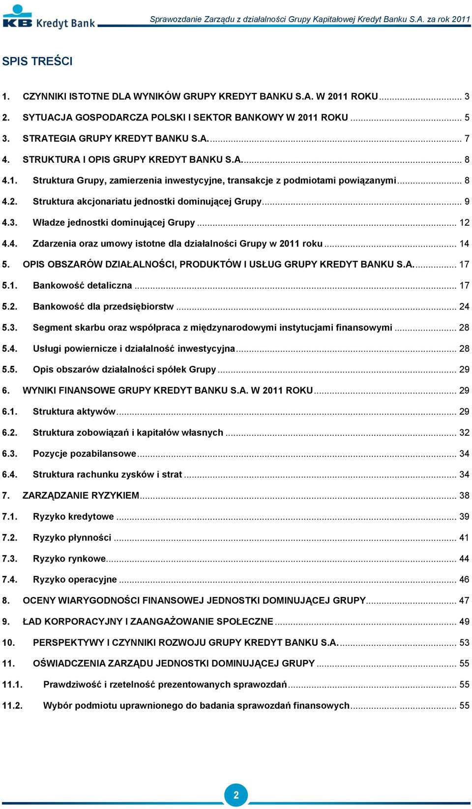 Władze jednostki dominującej Grupy... 12 4.4. Zdarzenia oraz umowy istotne dla działalności Grupy w 2011 roku... 14 5. OPIS OBSZARÓW DZIAŁALNOŚCI, PRODUKTÓW I USŁUG GRUPY KREDYT BANKU S.A... 17 5.1. Bankowość detaliczna.