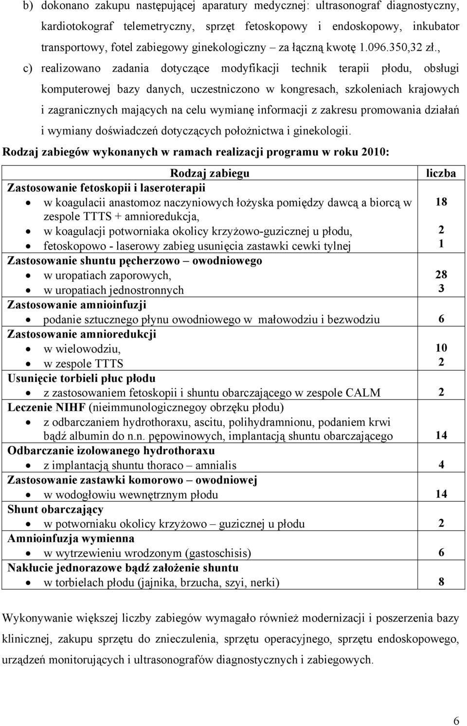 , c) realizowano zadania dotyczące modyfikacji technik terapii płodu, obsługi komputerowej bazy danych, uczestniczono w kongresach, szkoleniach krajowych i zagranicznych mających na celu wymianę