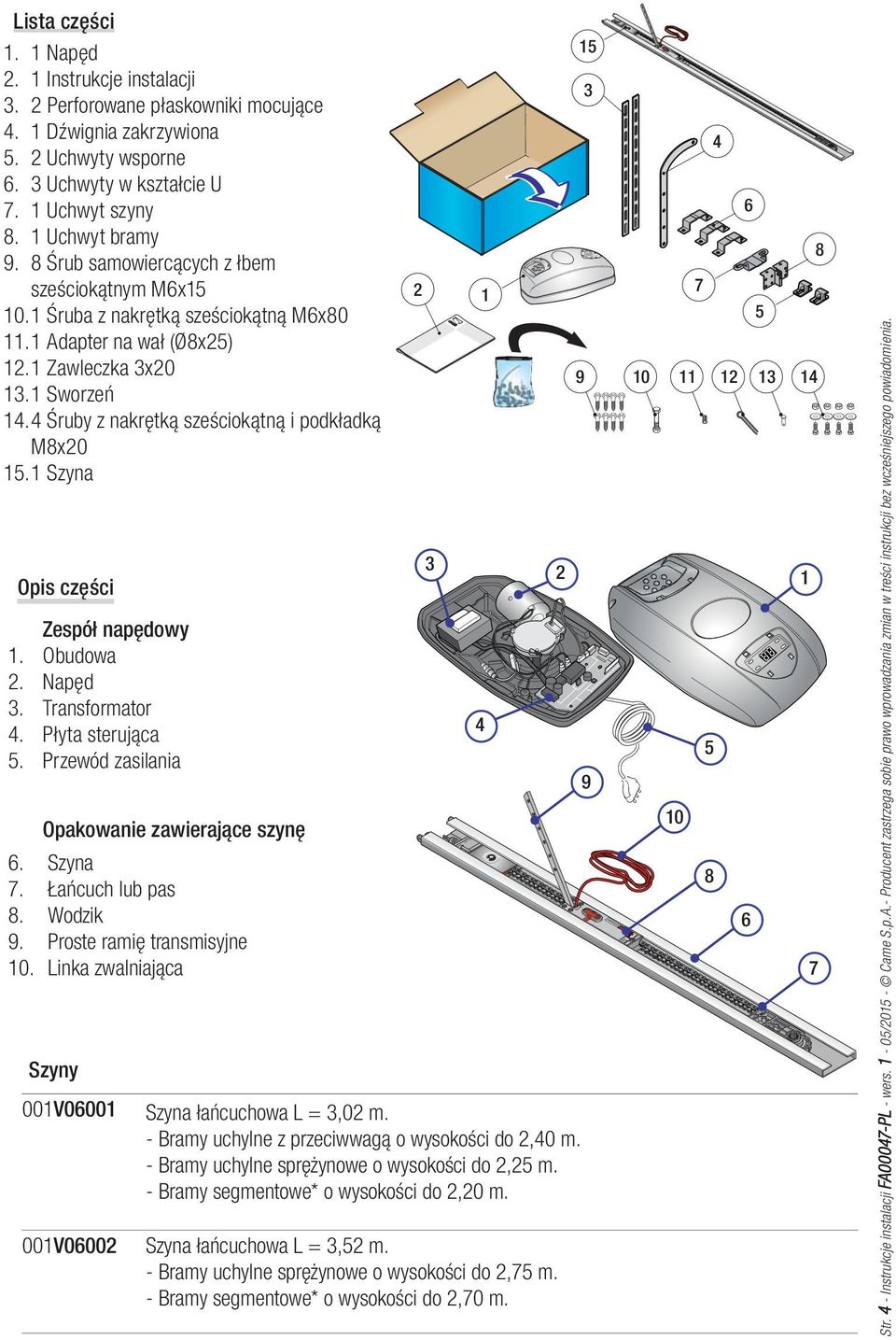 4 Śruby z nakrętką sześciokątną i podkładką M8x20 15. 1 Szyna Opis części Zespół napędowy 1. Obudowa 2. Napęd 3. Transformator 4. Płyta sterująca 5. Przewód zasilania Opakowanie zawierające szynę 6.