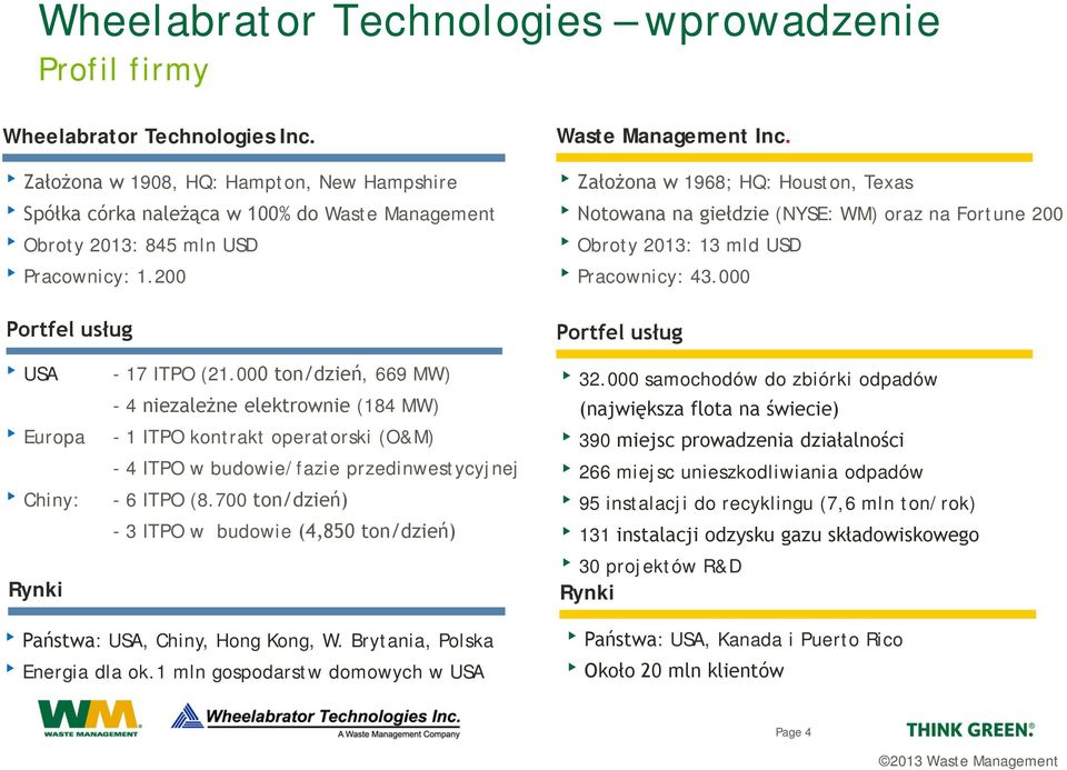 Założona w 1968; HQ: Houston, Texas Notowana na giełdzie (NYSE: WM) oraz na Fortune 200 Obroty 2013: 13 mld USD Pracownicy: 43.000 Portfel usług USA Europa Chiny: Rynki - 17 ITPO (21.