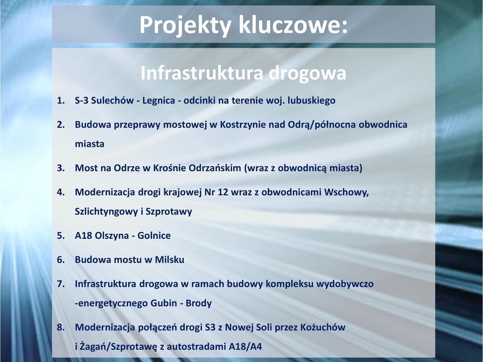 Modernizacja drogi krajowej Nr 12 wraz z obwodnicami Wschowy, Szlichtyngowy i Szprotawy 5. A18 Olszyna - Golnice 6. Budowa mostu w Milsku 7.