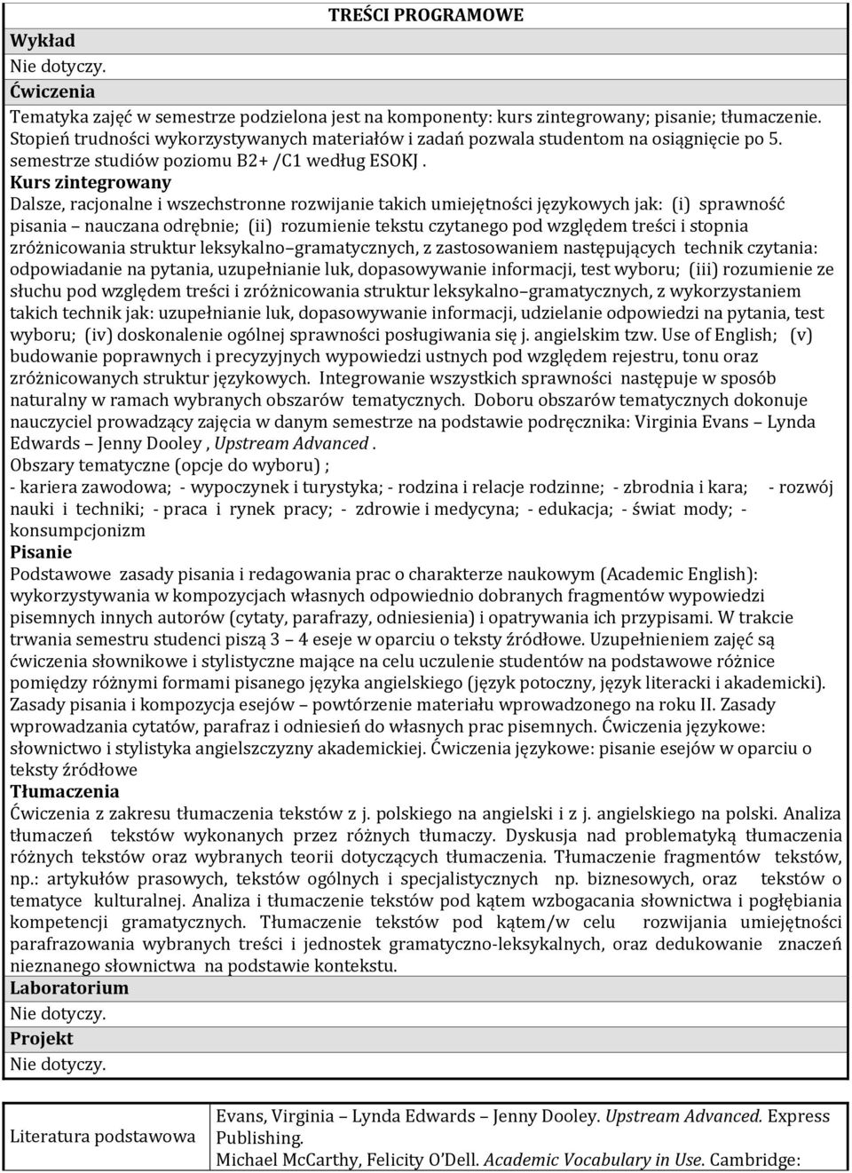 Kurs zintegrowany Dalsze, racjonalne i wszechstronne rozwijanie takich umiejętności językowych jak: (i) sprawność pisania nauczana odrębnie; (ii) rozumienie tekstu czytanego pod względem treści i