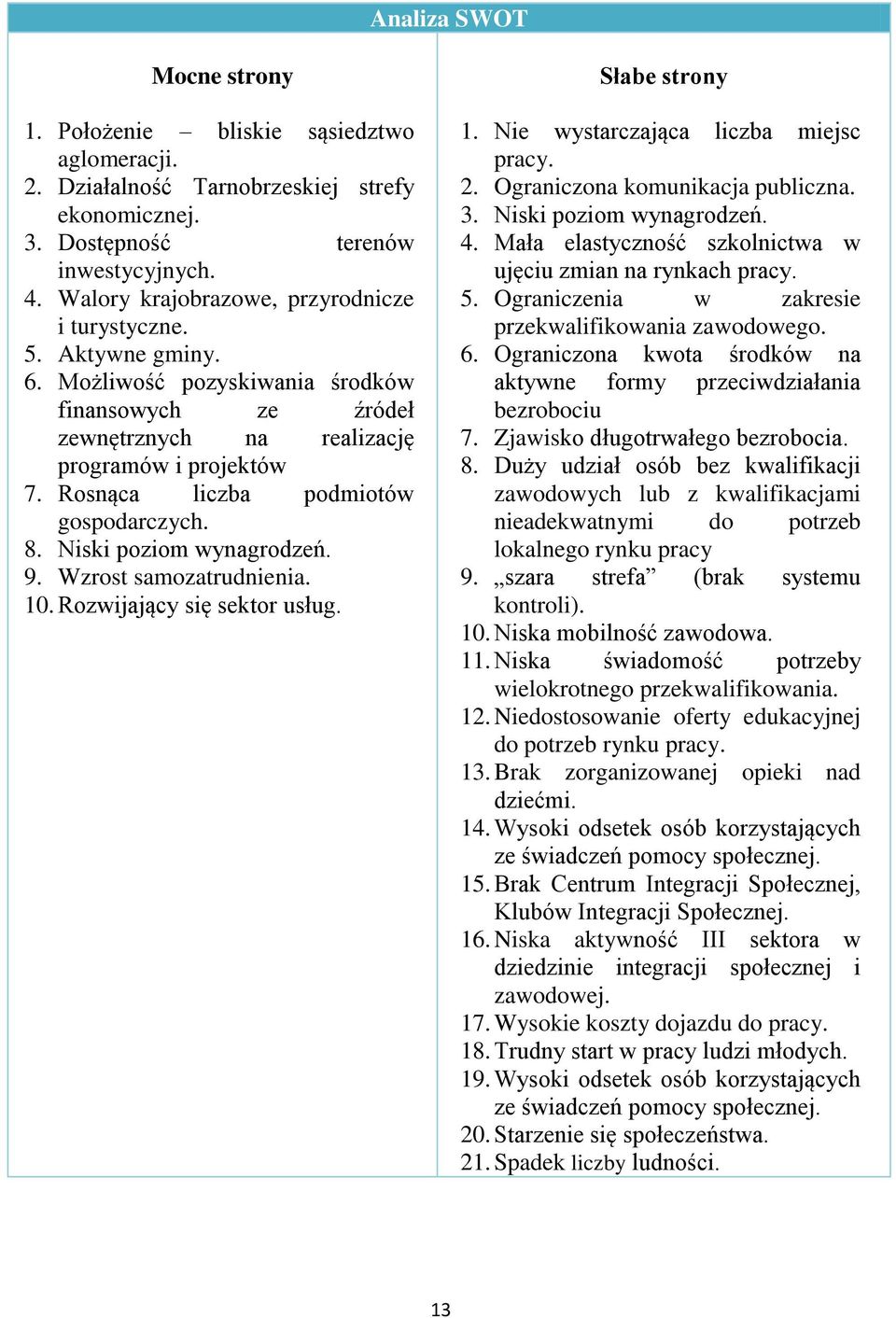 Rosnąca liczba podmiotów gospodarczych. 8. Niski poziom wynagrodzeń. 9. Wzrost samozatrudnienia. 10. Rozwijający się sektor usług. Słabe strony 1. Nie wystarczająca liczba miejsc pracy. 2.