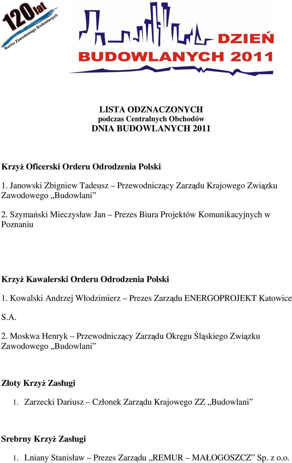 Szymański Mieczysław Jan Prezes Biura Projektów Komunikacyjnych w Poznaniu KrzyŜ Kawalerski Orderu Odrodzenia Polski 1.