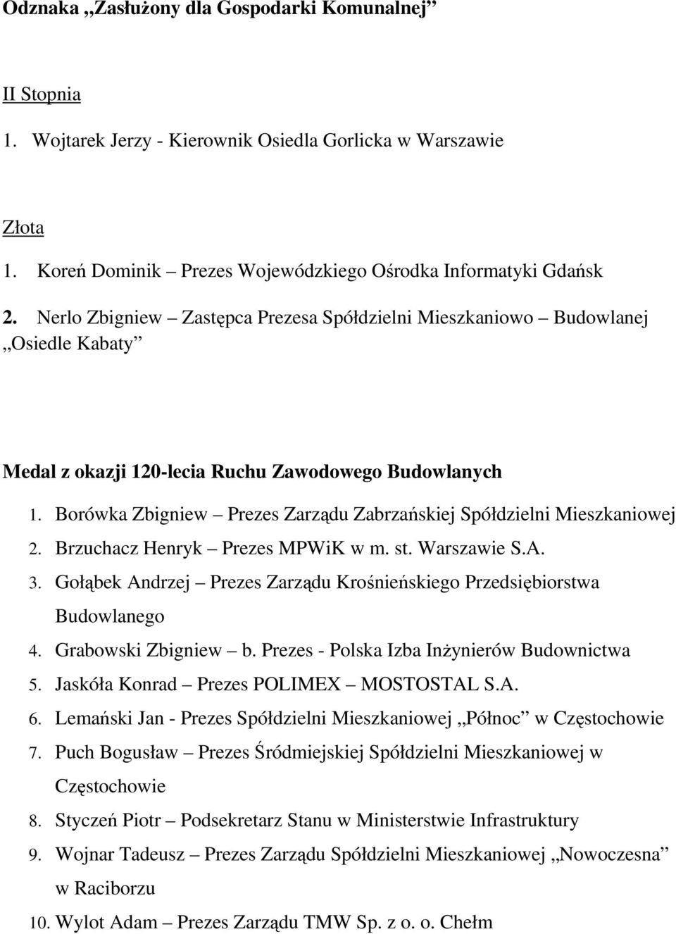 Borówka Zbigniew Prezes Zarządu Zabrzańskiej Spółdzielni Mieszkaniowej 2. Brzuchacz Henryk Prezes MPWiK w m. st. Warszawie S.A. 3.