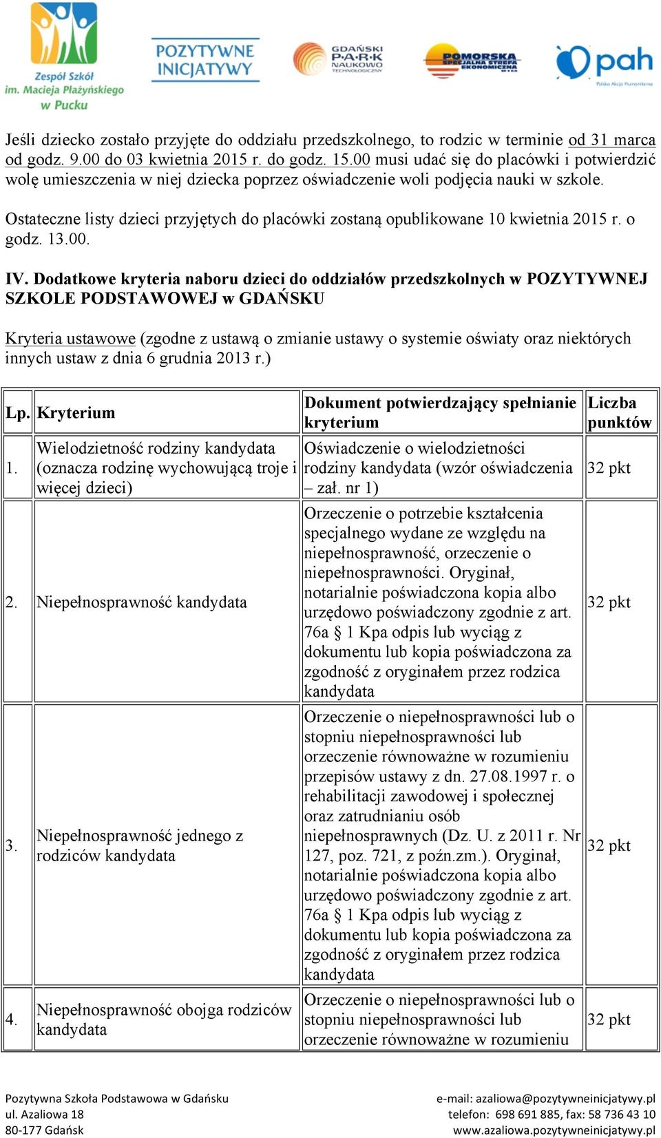 Ostateczne listy dzieci przyjętych do placówki zostaną opublikowane 10 kwietnia 2015 r. o godz. 13.00. IV.